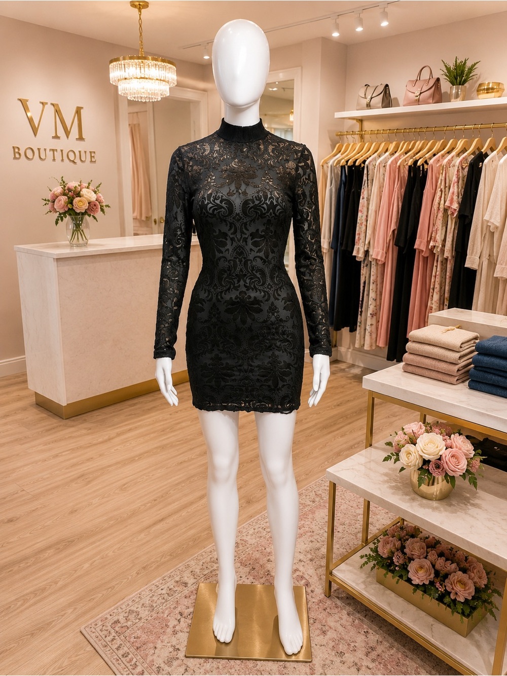 Windsor Black Lace High-Neck Long-Sleeve Mini Dress